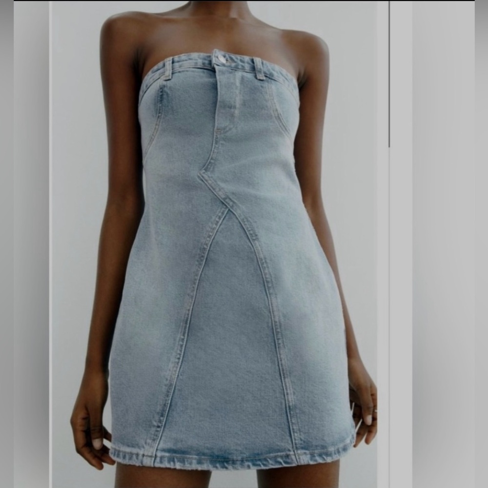 Zara Light Blue Strapless Denim Mini Dress - Picture 3 of 11